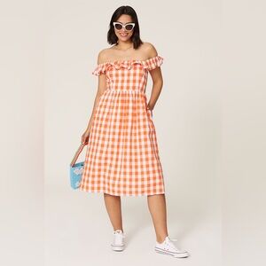 Color Me Courtney Bobbie Dress Orange‎ Gingham Off Shoulder Midi Dress size 2